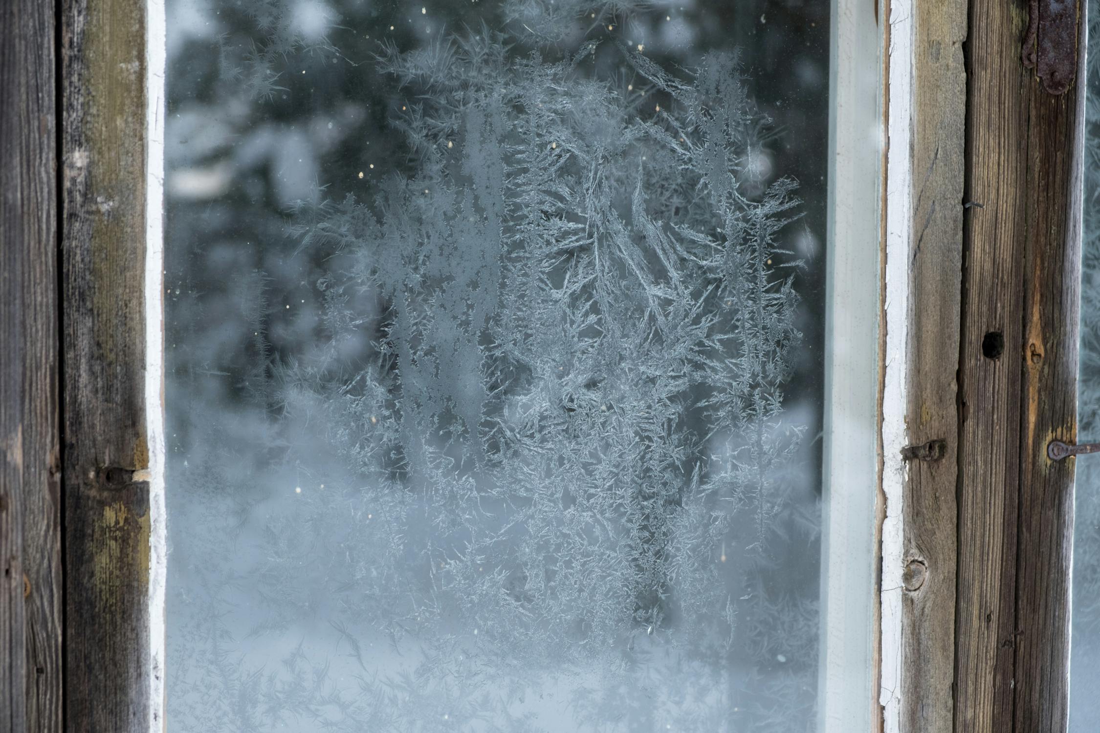 Frost and condensation on home window during cold winter morning
